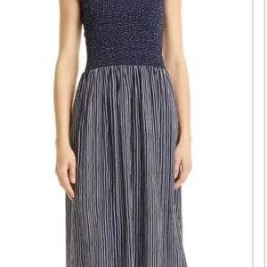 rag & bone Navy and White Smocked Bodice Striped Strapless Dress